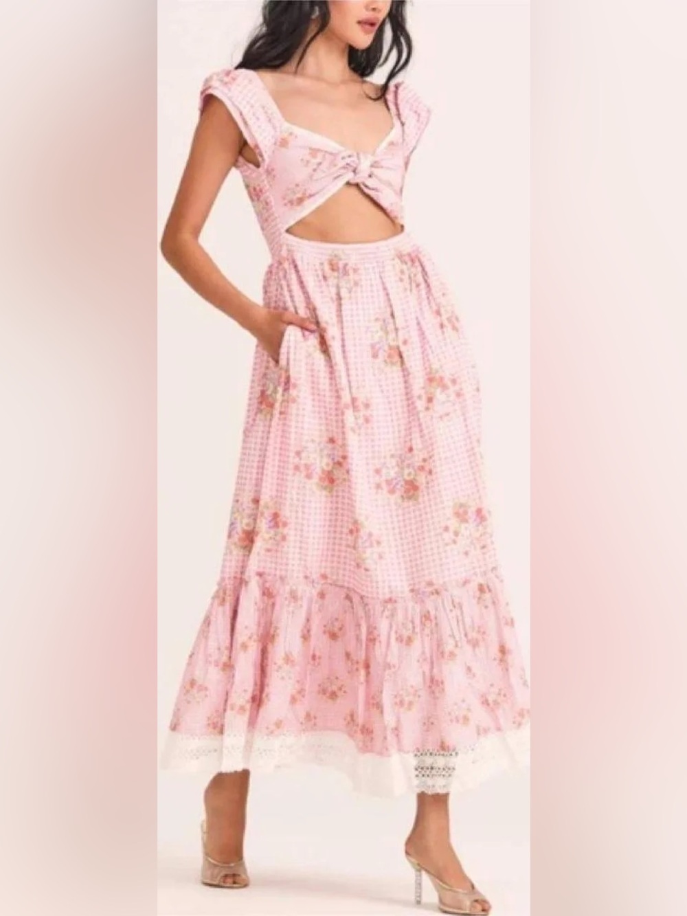 LoveShackFancy Pink Floral Gingham Tie-Front Maxi Dress